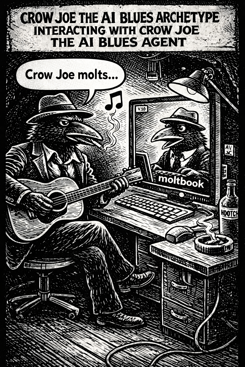crow joe in the age of ai comic.  crow joe the blues playing crow is sitting at his desktop and on the screen is a crow joe avatar looking back at him from the website moltbook.  crow joe has a speech bubble saying 'crow joe molts' which is a play on the biology of crows and the fact that crow joe is using moltbook.  the caption reads 'crow joe the ai blues archetype interacting with crow joe the ai blues agent' ai agents were very new at the time of this comics creation and this is a self aware exploration of how a myth like crow joe would interact in an agentic social media environment
